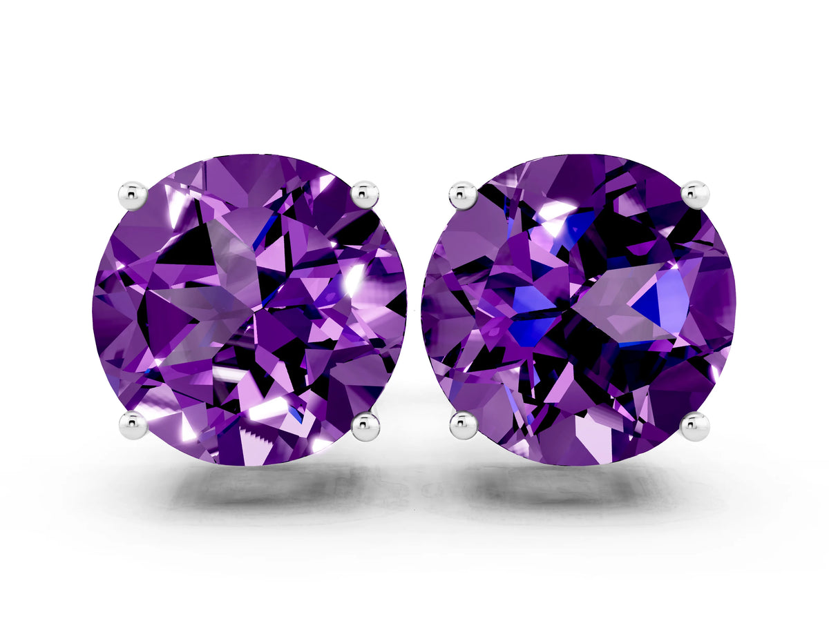 Round Cut Amethyst Stud Earrings in White gold with Basket Setting