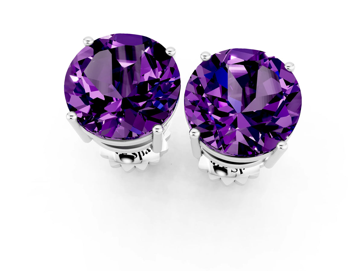 Round Cut Amethyst Stud Earrings in White gold with Basket Setting_1