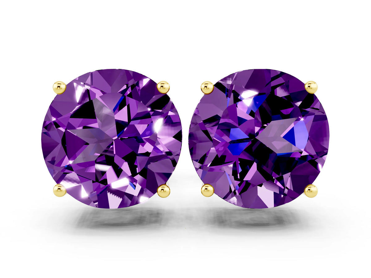 Round Cut Amethyst Stud Earrings in Yellow gold with Basket Setting