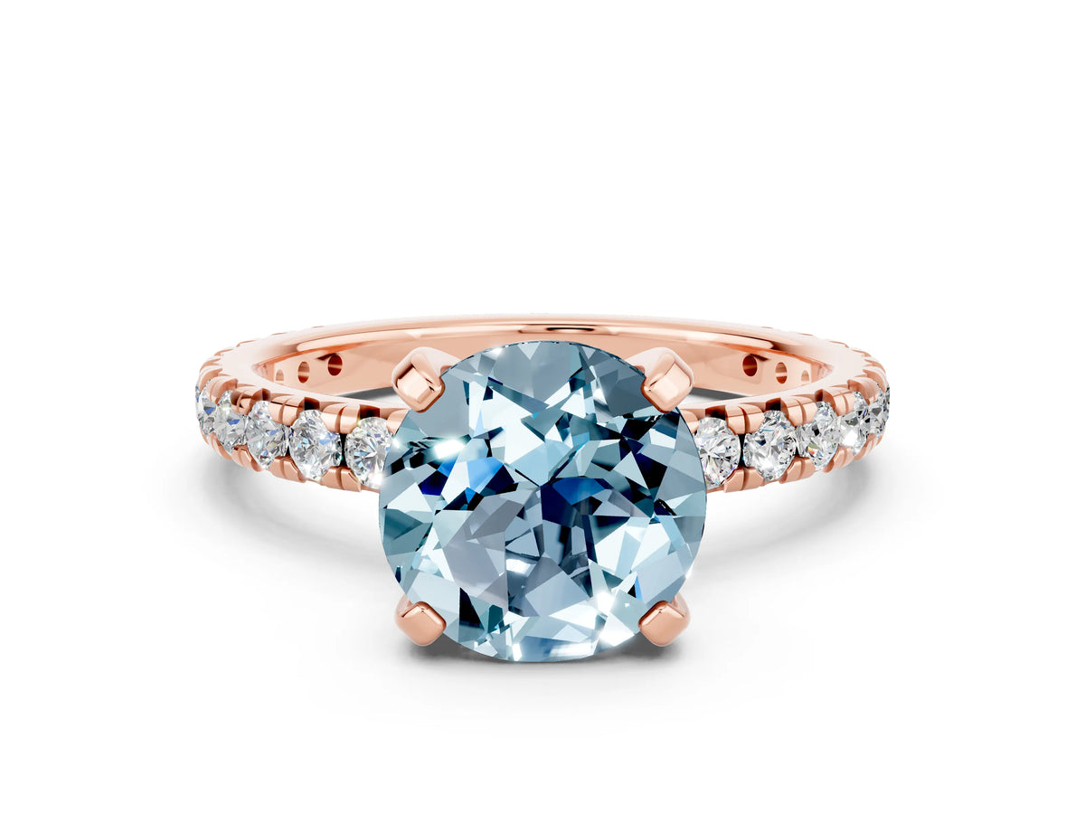 Round Cut Aquamarine Pavé Solitaire Ring in Rose gold with Round Pavé Band and Prong Setting