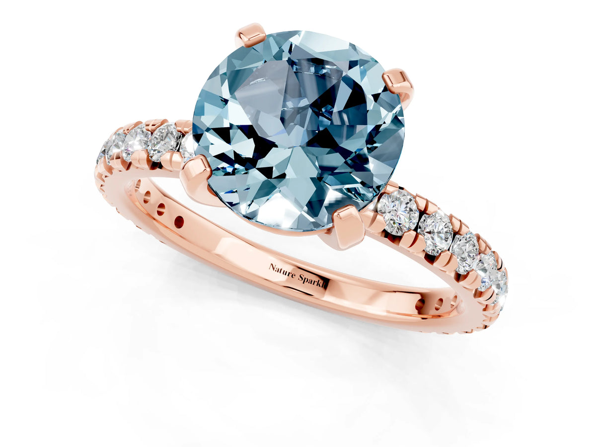Round Cut Aquamarine Pavé Solitaire Ring in Rose gold with Round Pavé Band and Prong Setting_1