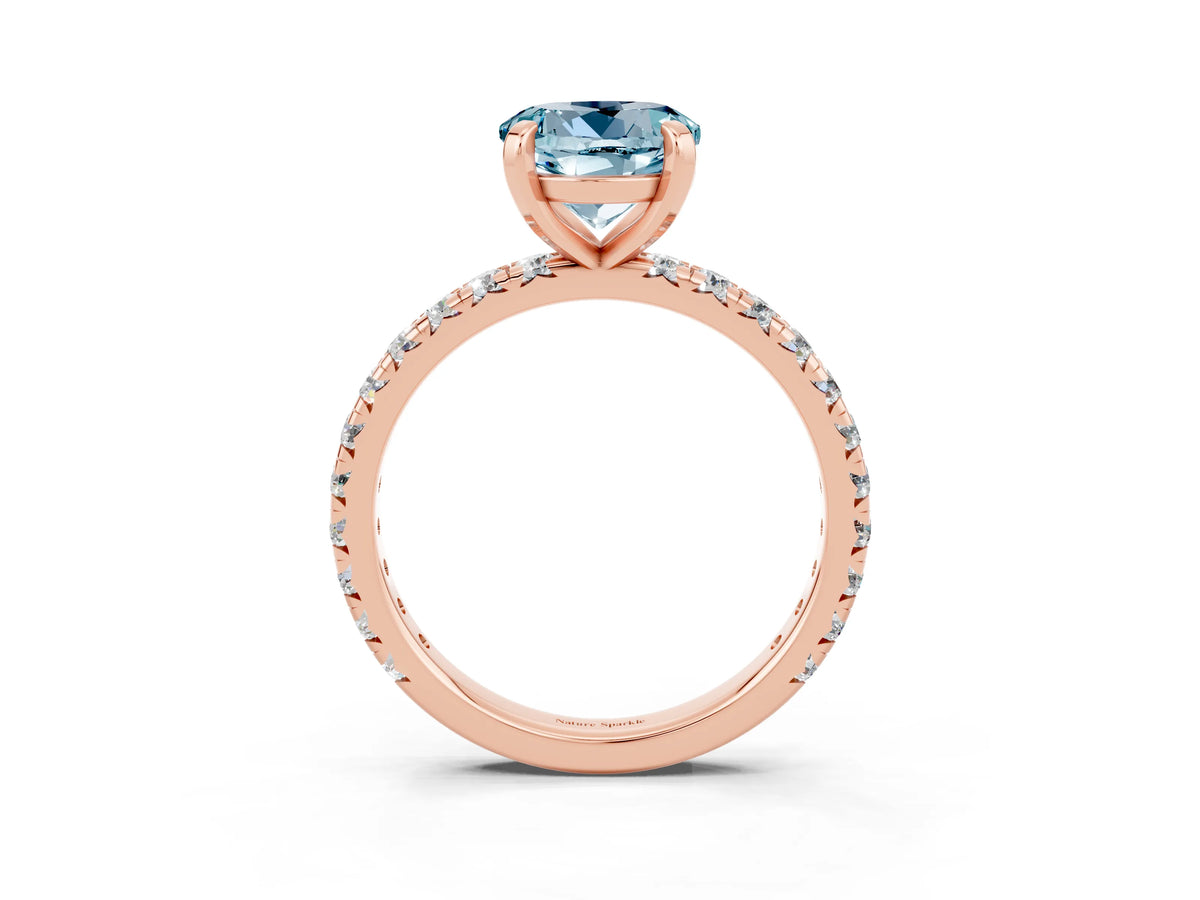 Round Cut Aquamarine Pavé Solitaire Ring in Rose gold with Round Pavé Band and Prong Setting_3
