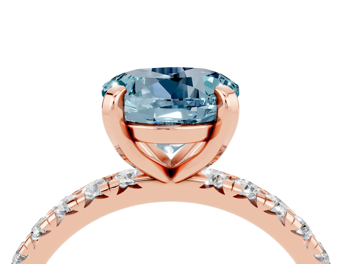 Round Cut Aquamarine Pavé Solitaire Ring in Rose gold with Round Pavé Band and Prong Setting_4