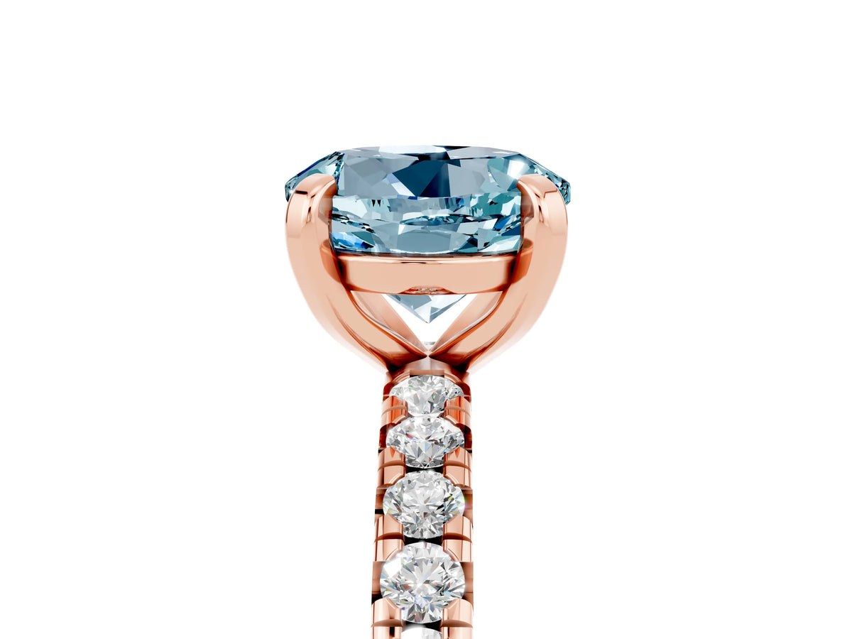 Round Cut Aquamarine Pavé Solitaire Ring in Rose gold with Round Pavé Band and Prong Setting_5