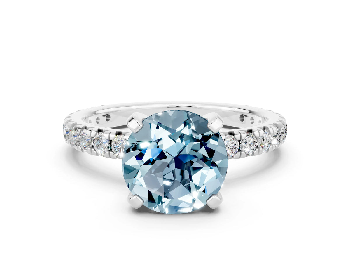 Round Cut Aquamarine Pavé Solitaire Ring in Silver with Round Pavé Band and Prong Setting