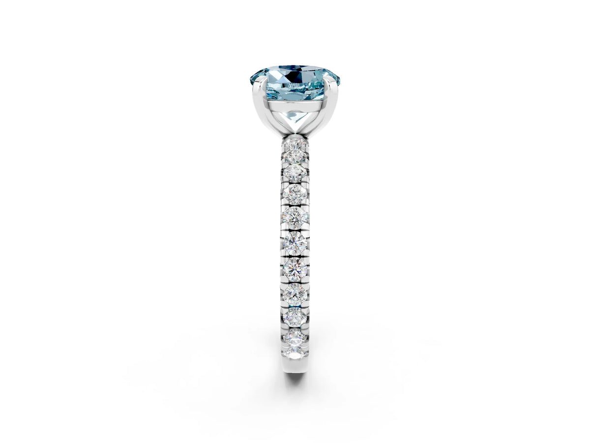 Round Cut Aquamarine Pavé Solitaire Ring in Silver with Round Pavé Band and Prong Setting_2