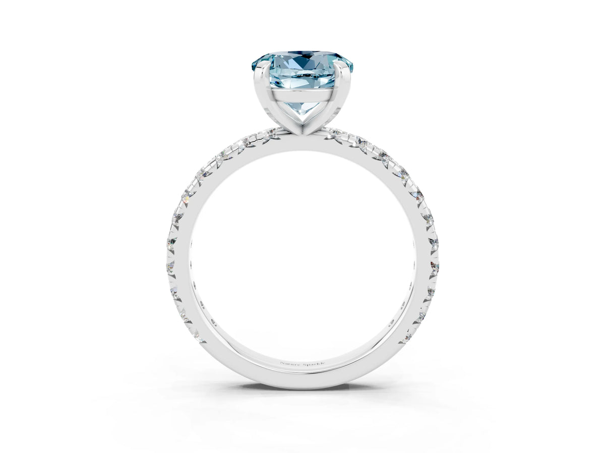 Round Cut Aquamarine Pavé Solitaire Ring in Silver with Round Pavé Band and Prong Setting_3