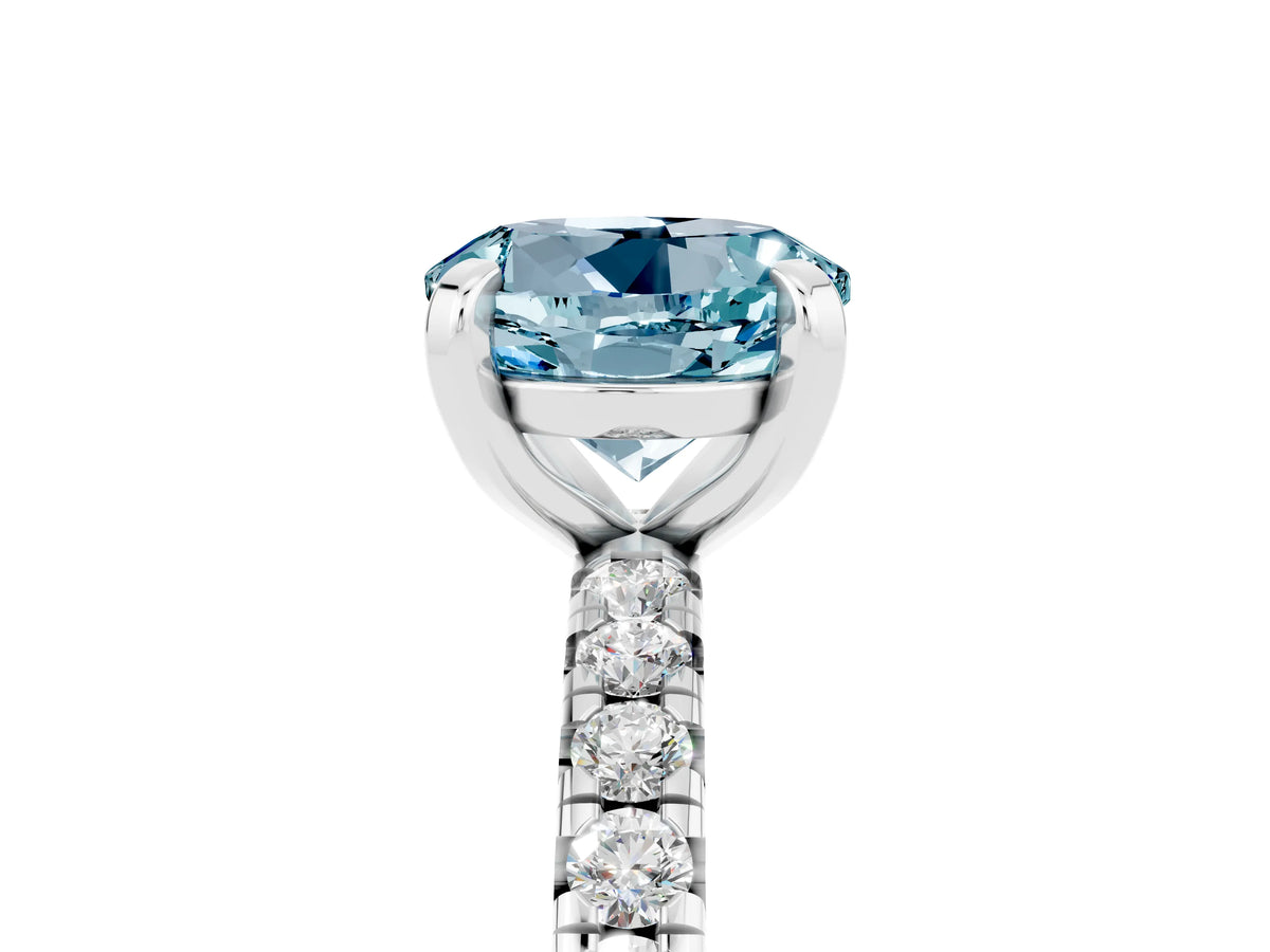 Round Cut Aquamarine Pavé Solitaire Ring in Silver with Round Pavé Band and Prong Setting_5