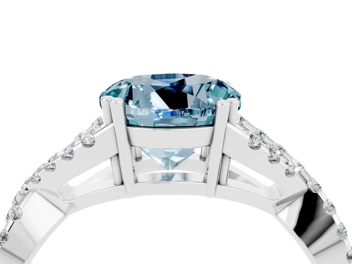 Round Cut Aquamarine Solitaire Ring in Platinum with Interwoven Pavé Band and Prong Setting_10