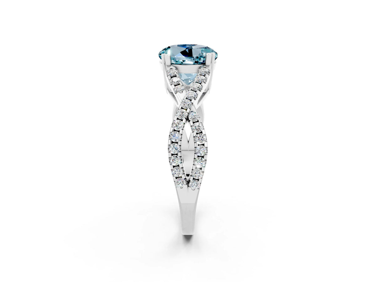 Round Cut Aquamarine Solitaire Ring in Platinum with Interwoven Pavé Band and Prong Setting_8
