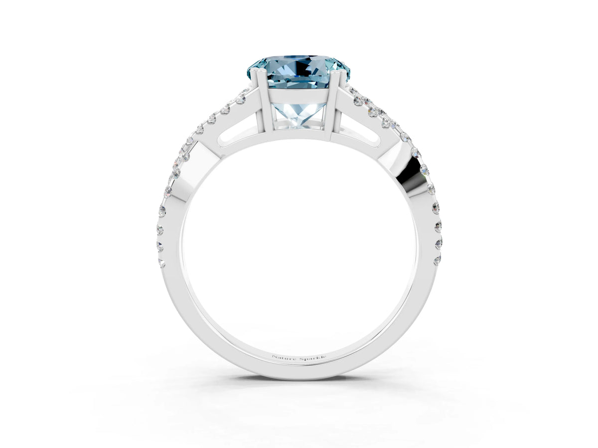 Round Cut Aquamarine Solitaire Ring in Platinum with Interwoven Pavé Band and Prong Setting_9