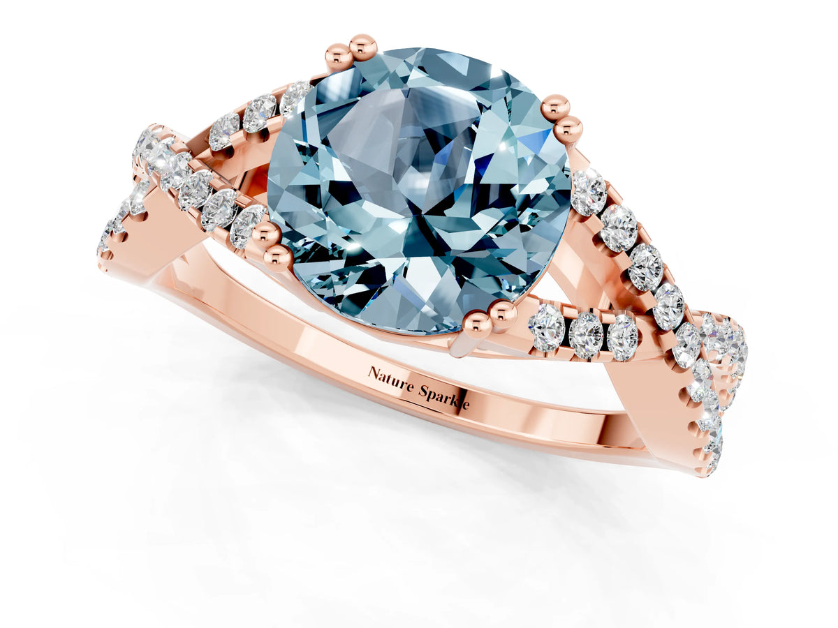 Round Cut Aquamarine Solitaire Ring in Rose gold with Interwoven Pavé Band and Prong Setting_1