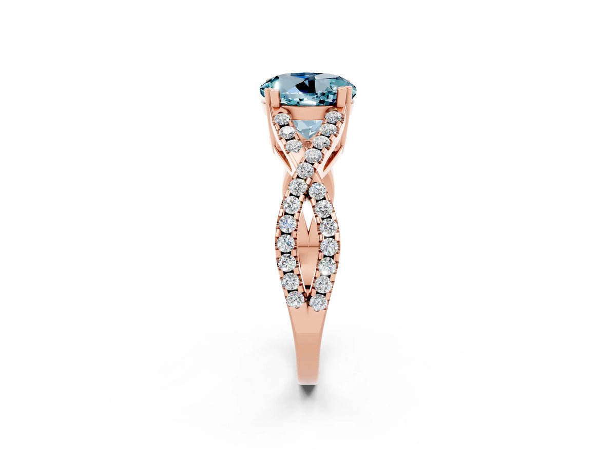 Round Cut Aquamarine Solitaire Ring in Rose gold with Interwoven Pavé Band and Prong Setting_2
