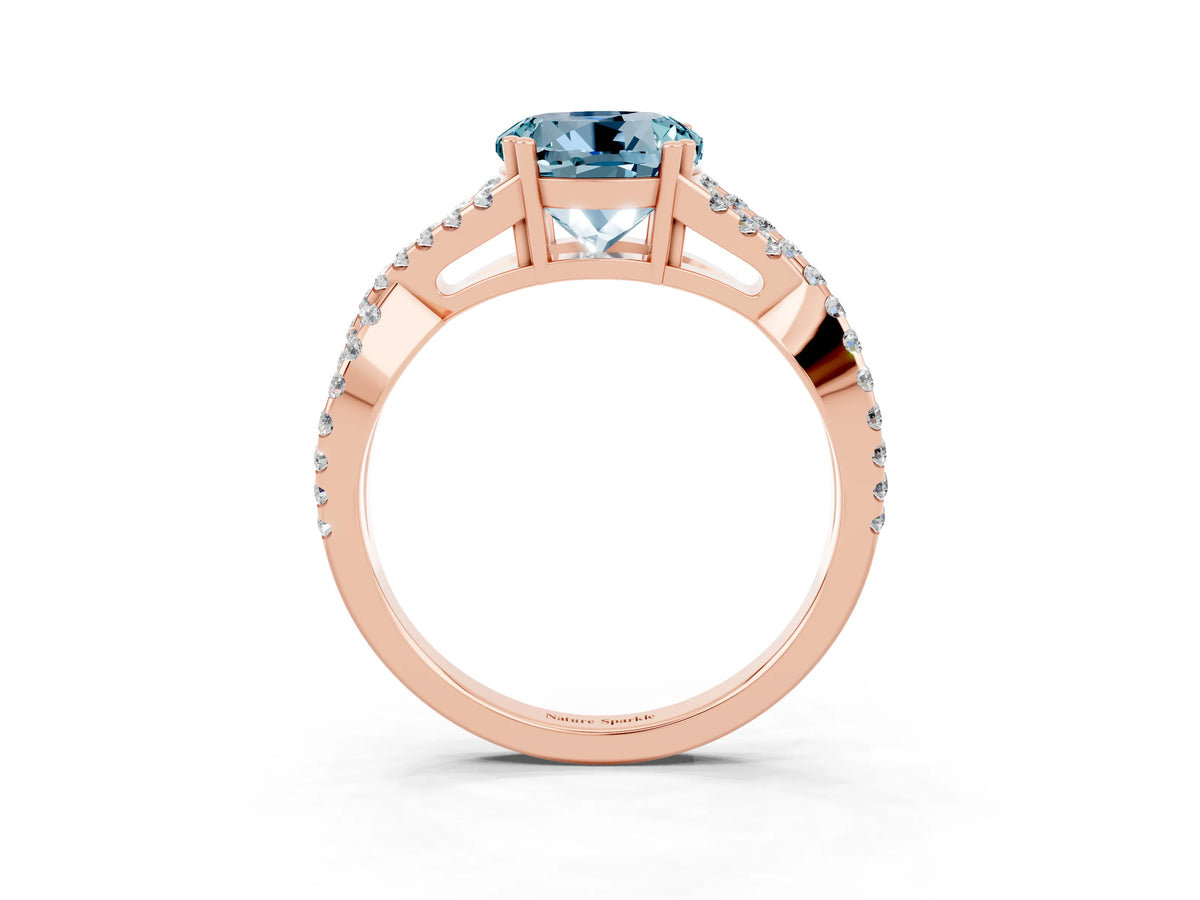 Round Cut Aquamarine Solitaire Ring in Rose gold with Interwoven Pavé Band and Prong Setting_3
