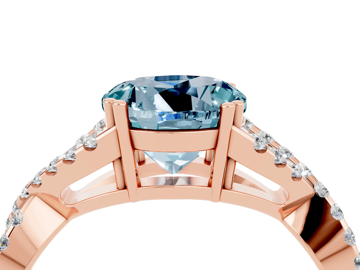 Round Cut Aquamarine Solitaire Ring in Rose gold with Interwoven Pavé Band and Prong Setting_4