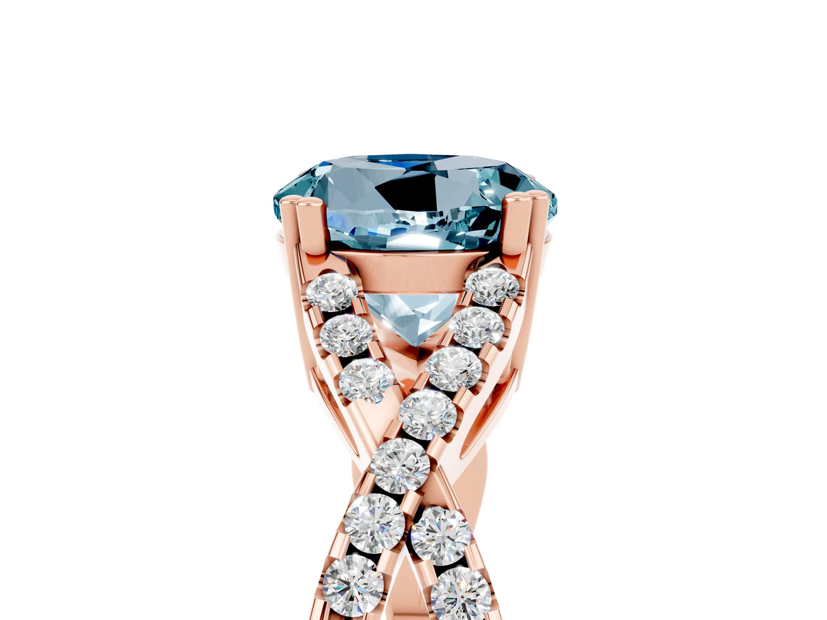 Round Cut Aquamarine Solitaire Ring in Rose gold with Interwoven Pavé Band and Prong Setting_5