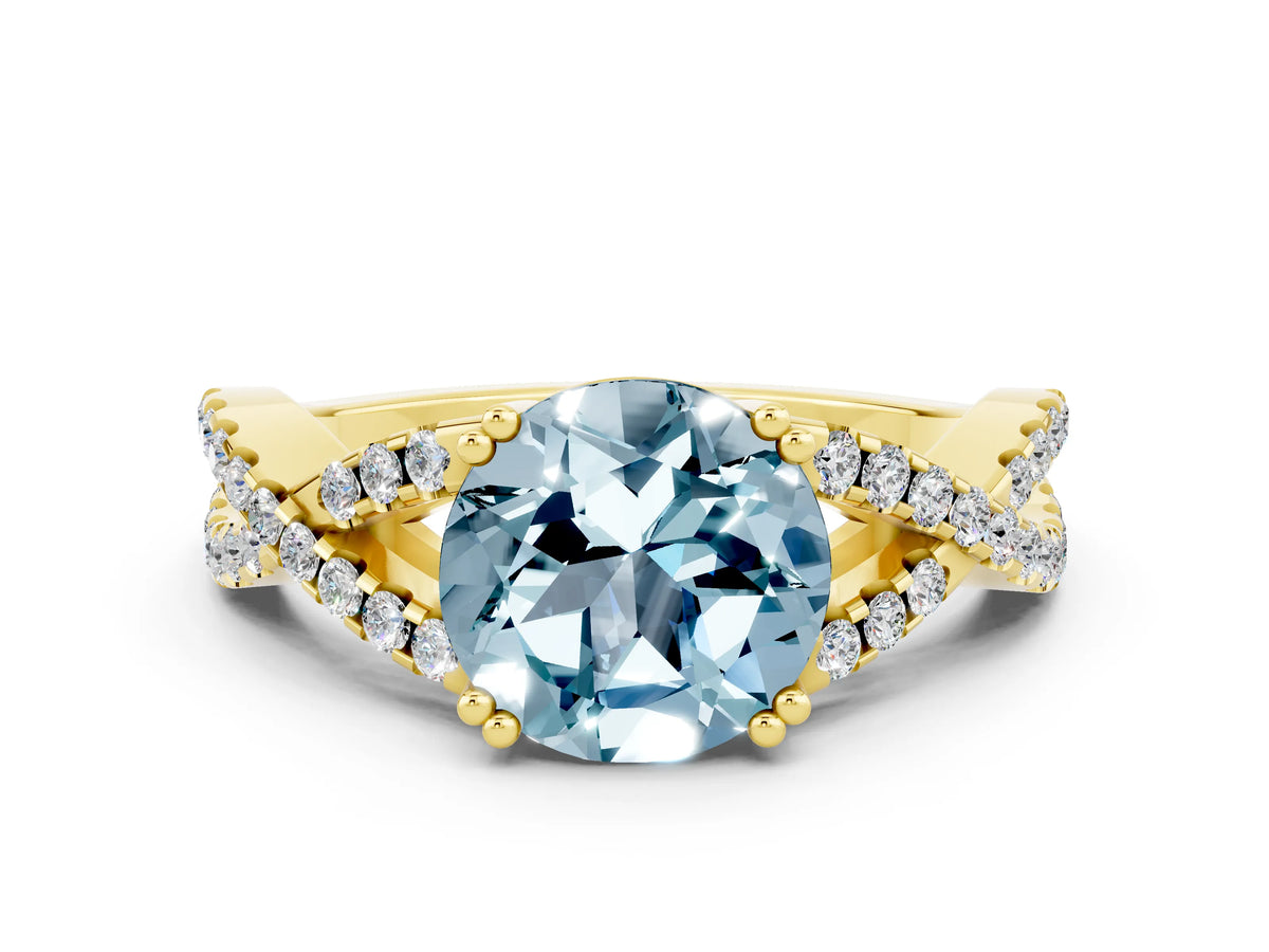Round Cut Aquamarine Solitaire Ring in Yellow gold with Interwoven Pavé Band and Prong Setting