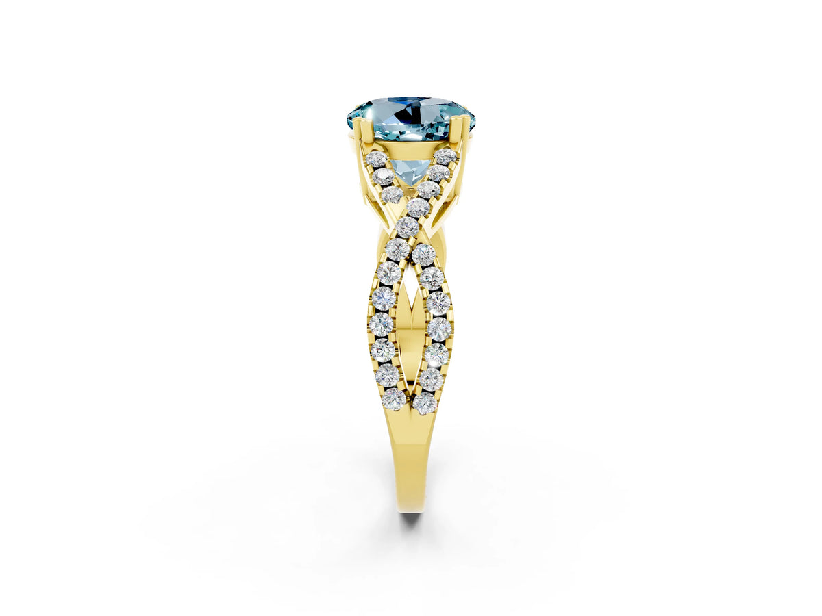 Round Cut Aquamarine Solitaire Ring in Yellow gold with Interwoven Pavé Band and Prong Setting_2