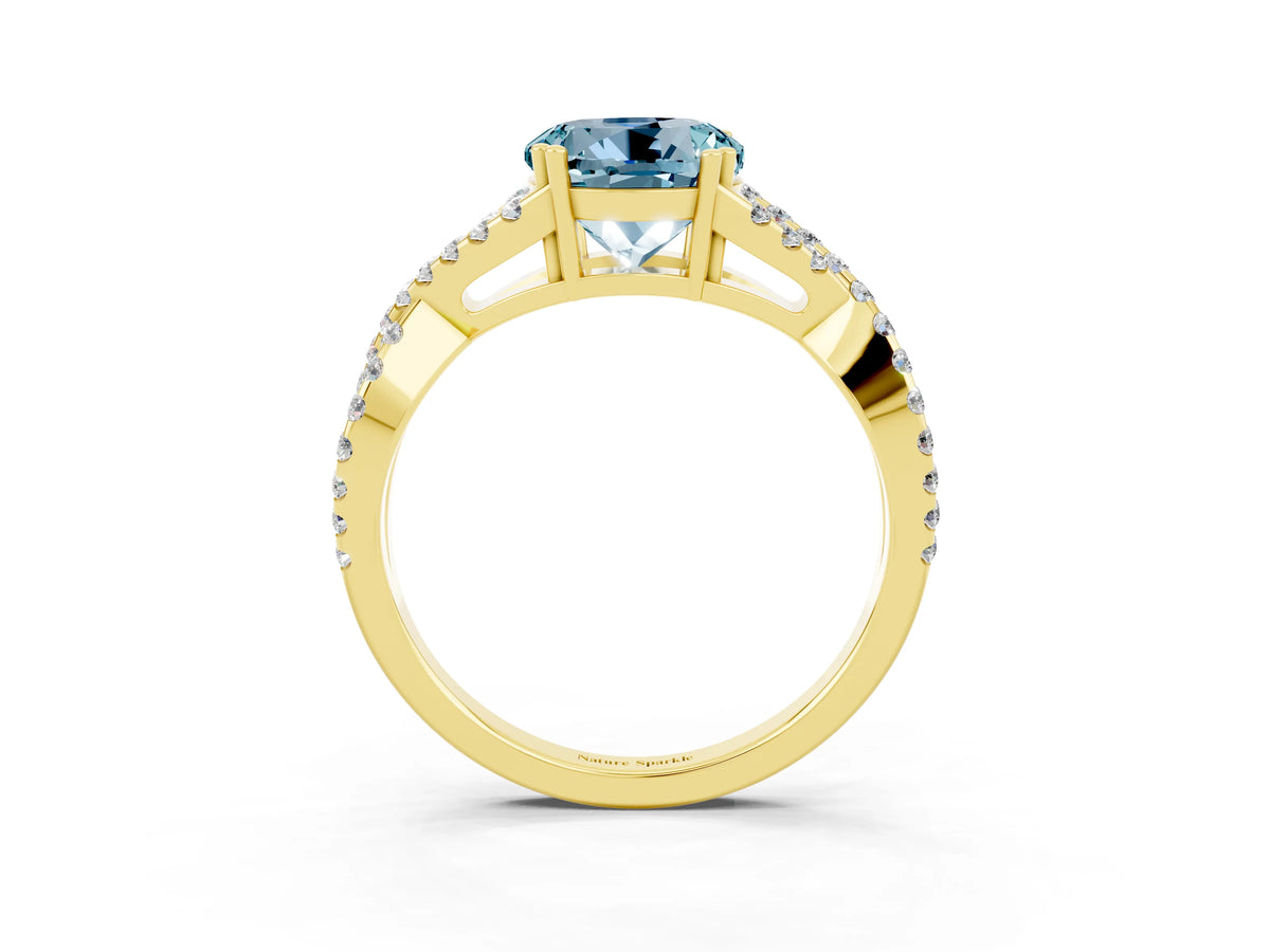 Round Cut Aquamarine Solitaire Ring in Yellow gold with Interwoven Pavé Band and Prong Setting_3
