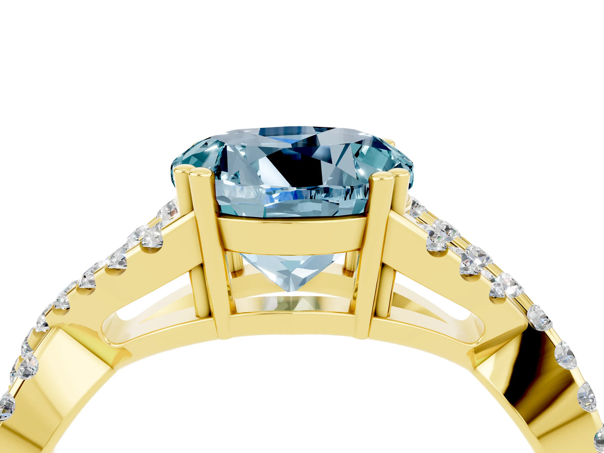 Round Cut Aquamarine Solitaire Ring in Yellow gold with Interwoven Pavé Band and Prong Setting_4