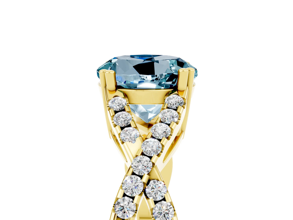 Round Cut Aquamarine Solitaire Ring in Yellow gold with Interwoven Pavé Band and Prong Setting_5