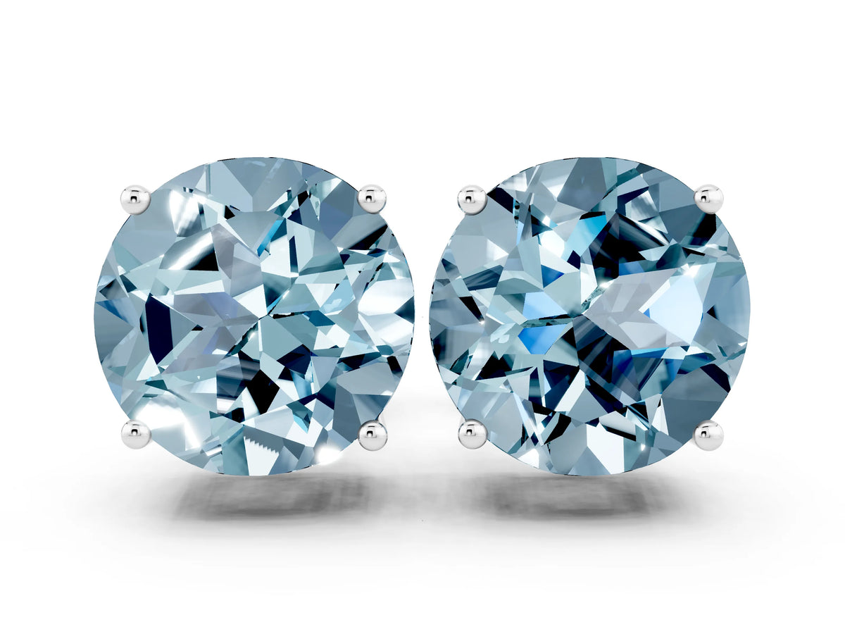 Round Cut Aquamarine Stud Earrings in White gold with Basket Setting