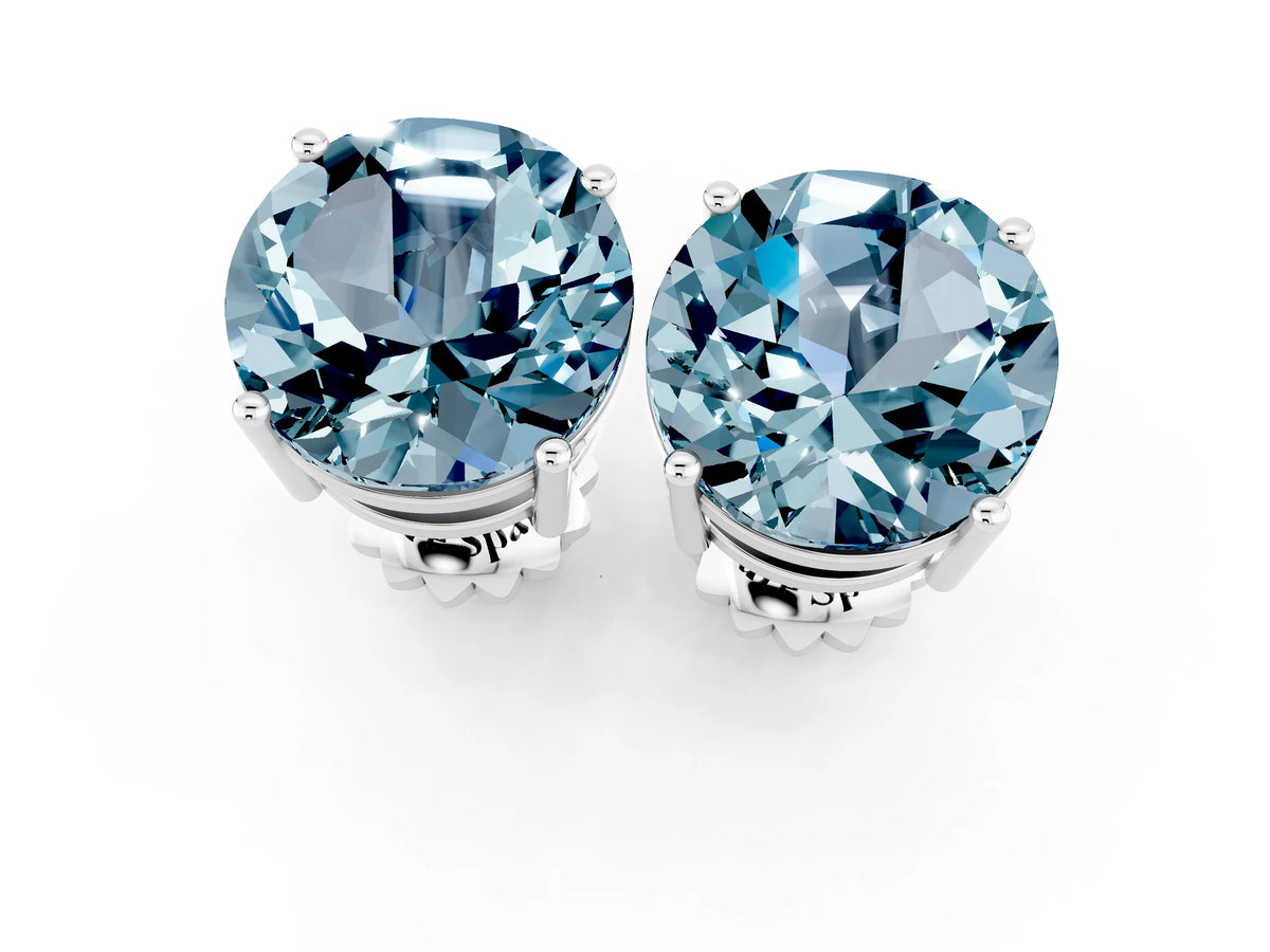 Round Cut Aquamarine Stud Earrings in White gold with Basket Setting_1