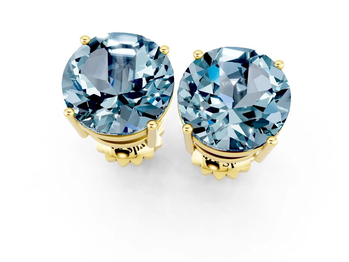 Round Cut Aquamarine Stud Earrings in Yellow gold with Basket Setting_1