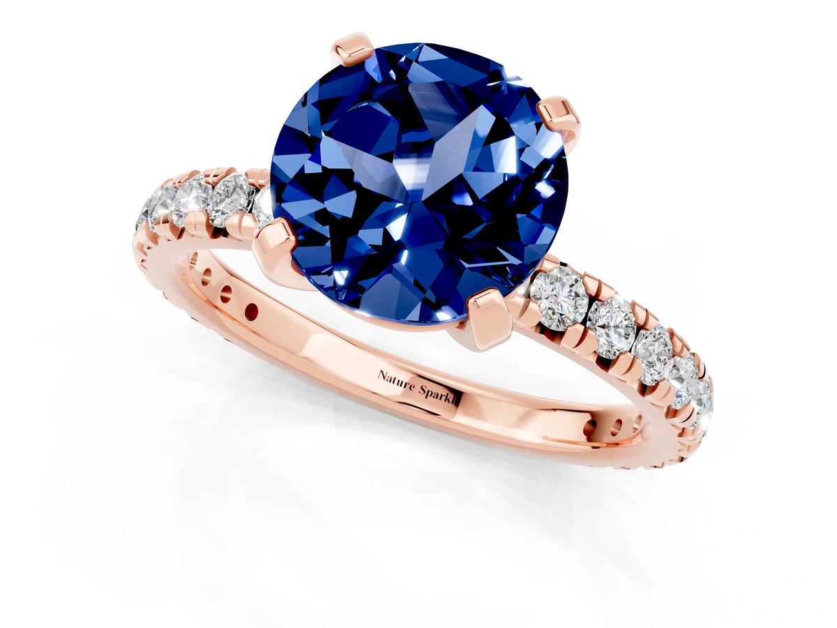 Round Cut Blue Sapphire Pavé Solitaire Ring in Rose gold with Round Pavé Band and Prong Setting_1