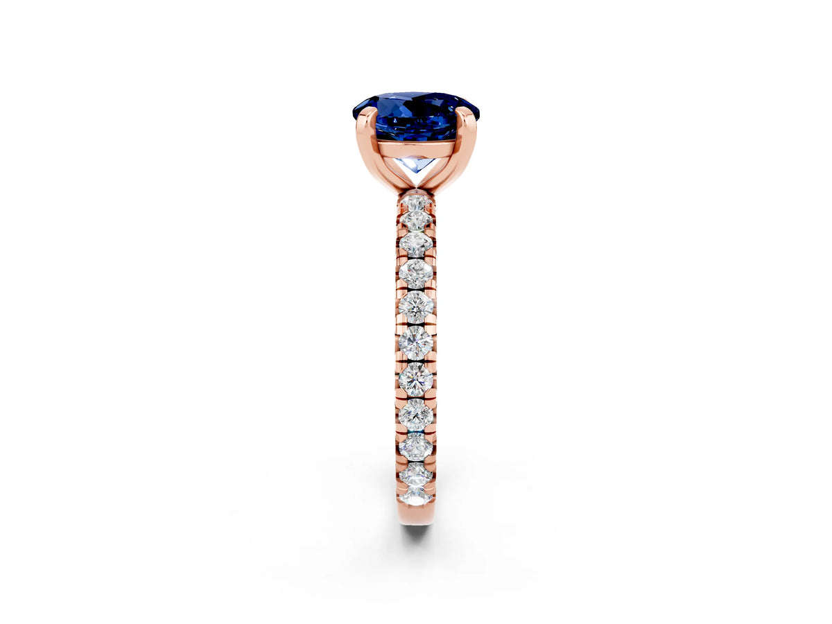 Round Cut Blue Sapphire Pavé Solitaire Ring in Rose gold with Round Pavé Band and Prong Setting_2