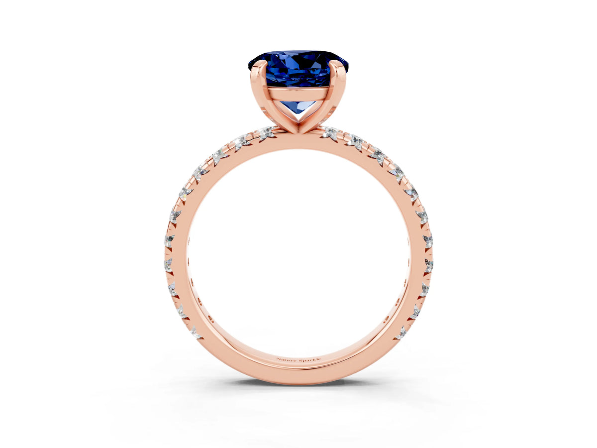 Round Cut Blue Sapphire Pavé Solitaire Ring in Rose gold with Round Pavé Band and Prong Setting_3
