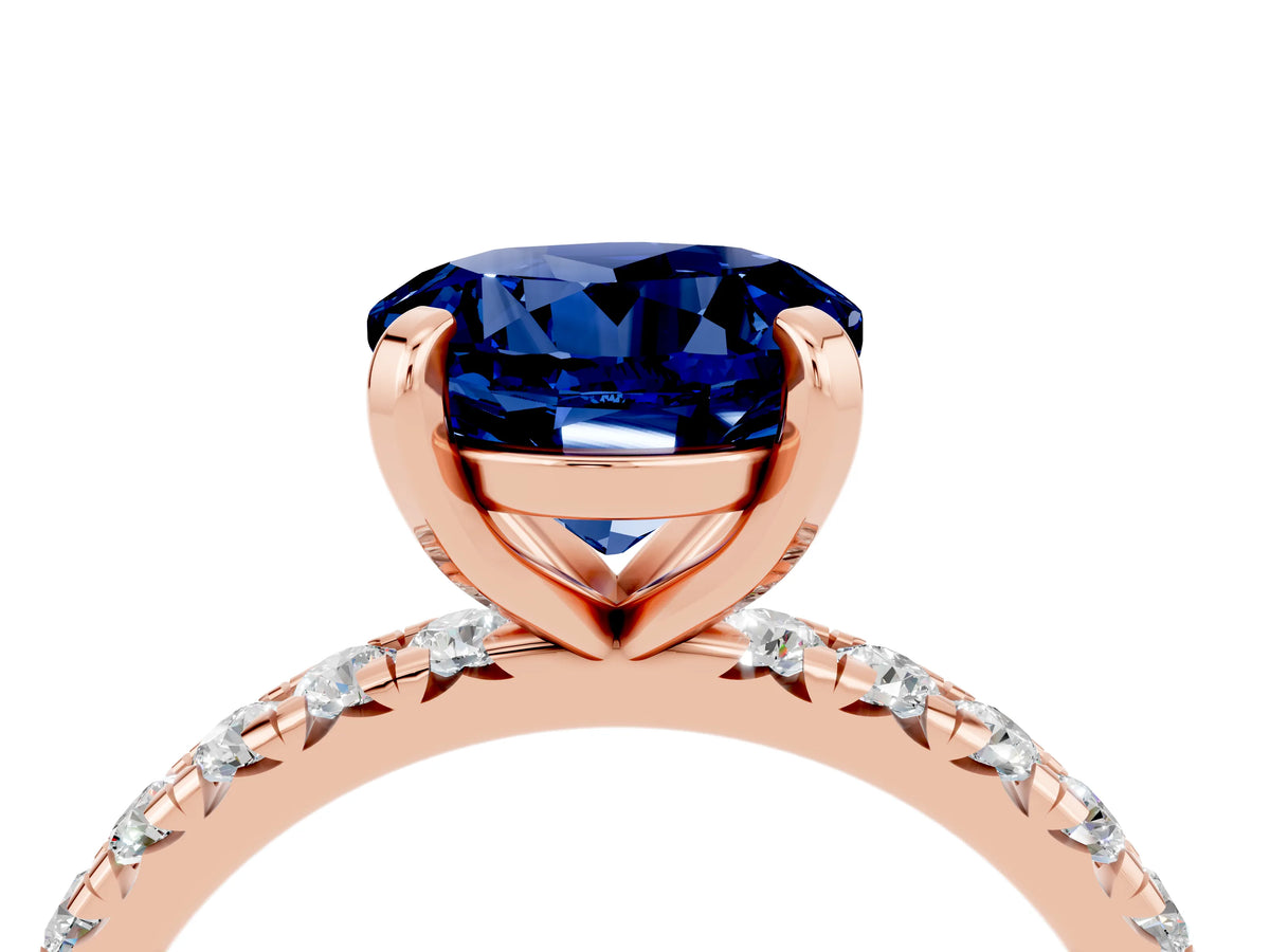 Round Cut Blue Sapphire Pavé Solitaire Ring in Rose gold with Round Pavé Band and Prong Setting_4