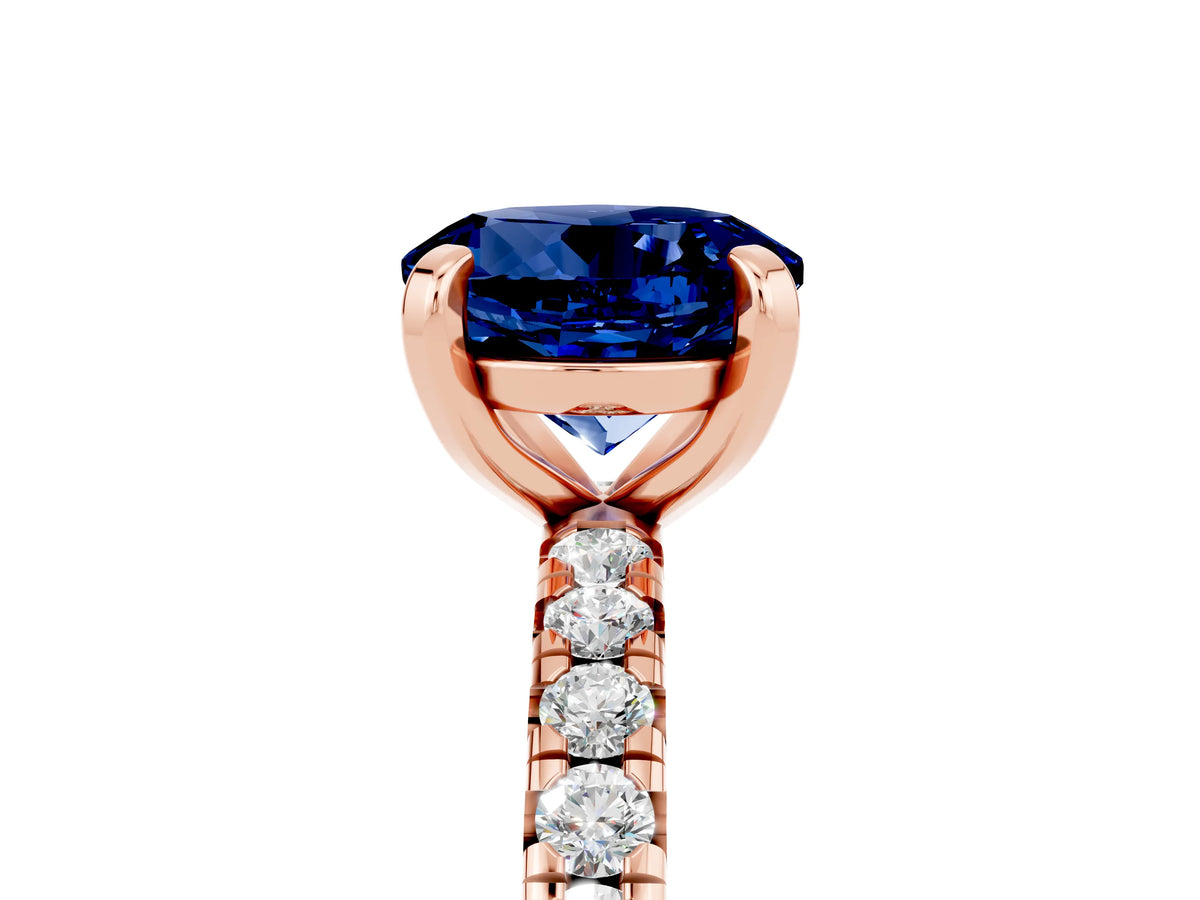 Round Cut Blue Sapphire Pavé Solitaire Ring in Rose gold with Round Pavé Band and Prong Setting_5