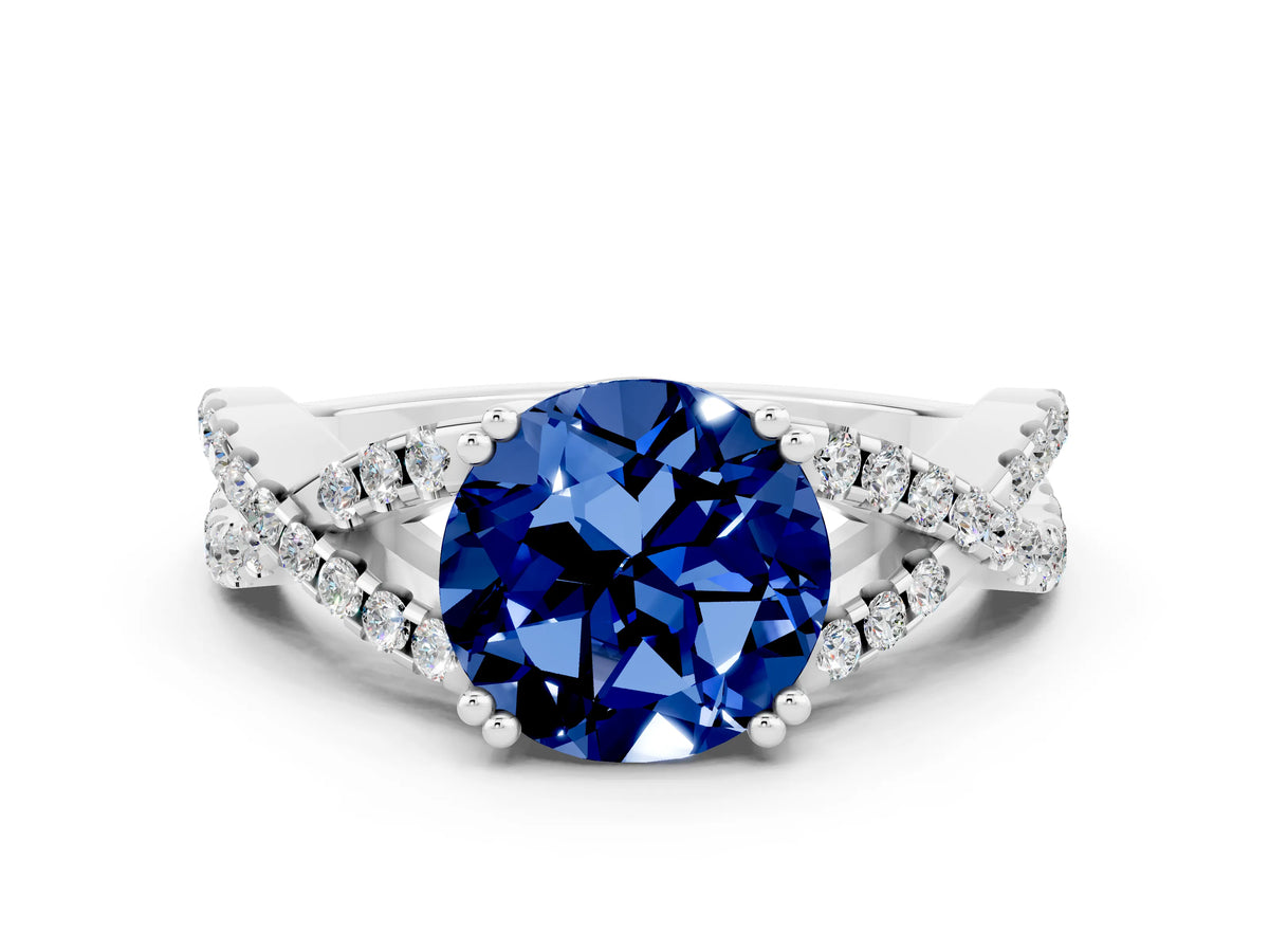 Round Cut Blue Sapphire Solitaire Ring in Platinum with Interwoven Pavé Band and Prong Setting_6