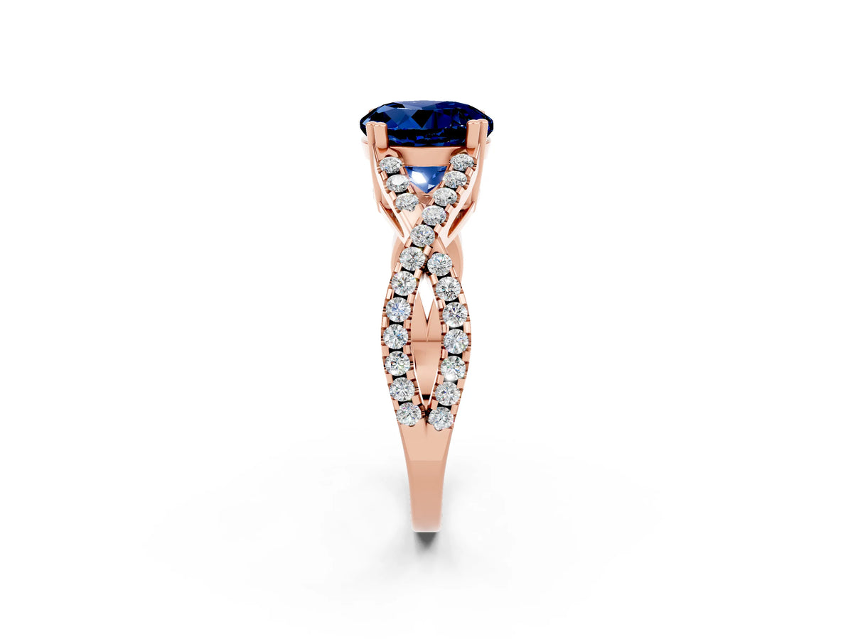 Round Cut Blue Sapphire Solitaire Ring in Rose gold with Interwoven Pavé Band and Prong Setting_2