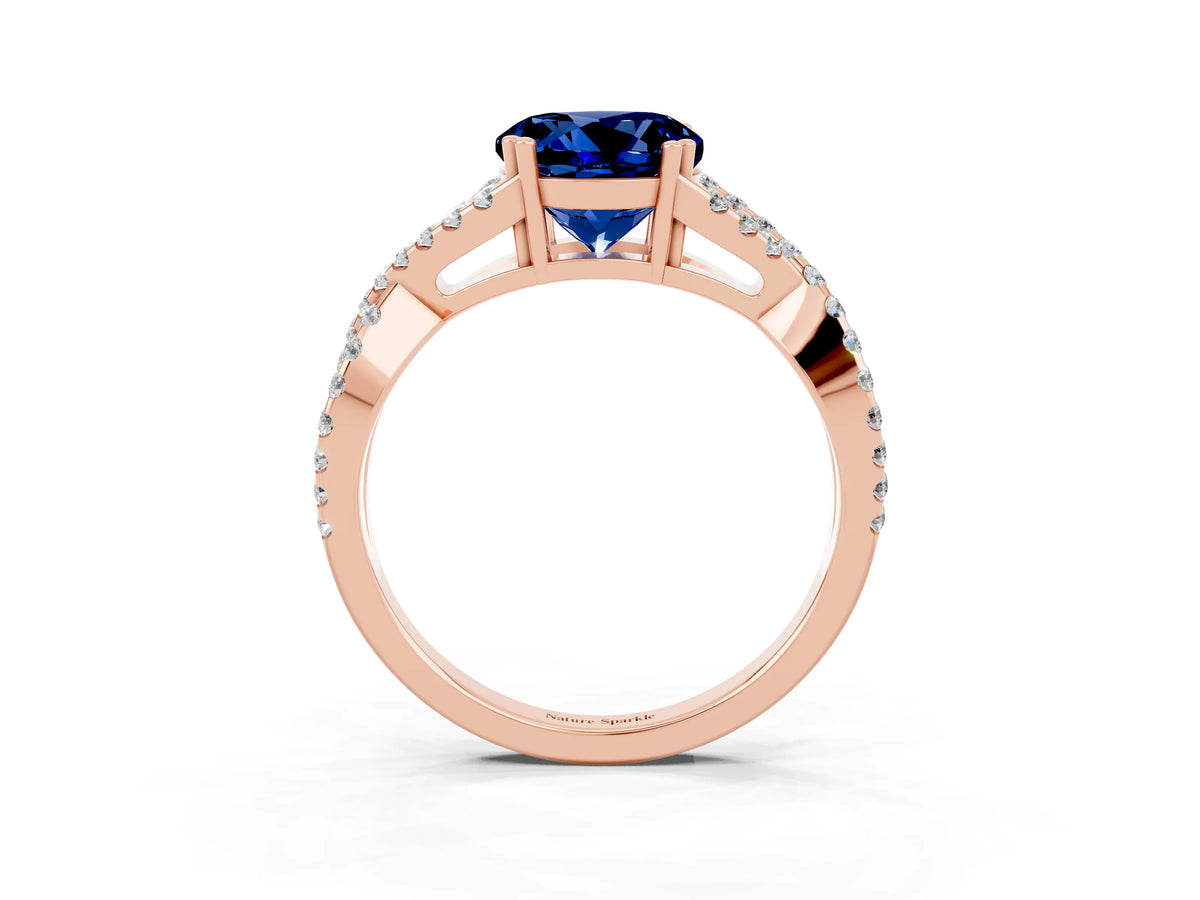 Round Cut Blue Sapphire Solitaire Ring in Rose gold with Interwoven Pavé Band and Prong Setting_3