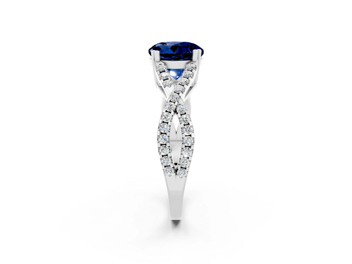 Round Cut Blue Sapphire Solitaire Ring in White gold with Interwoven Pavé Band and Prong Setting_2