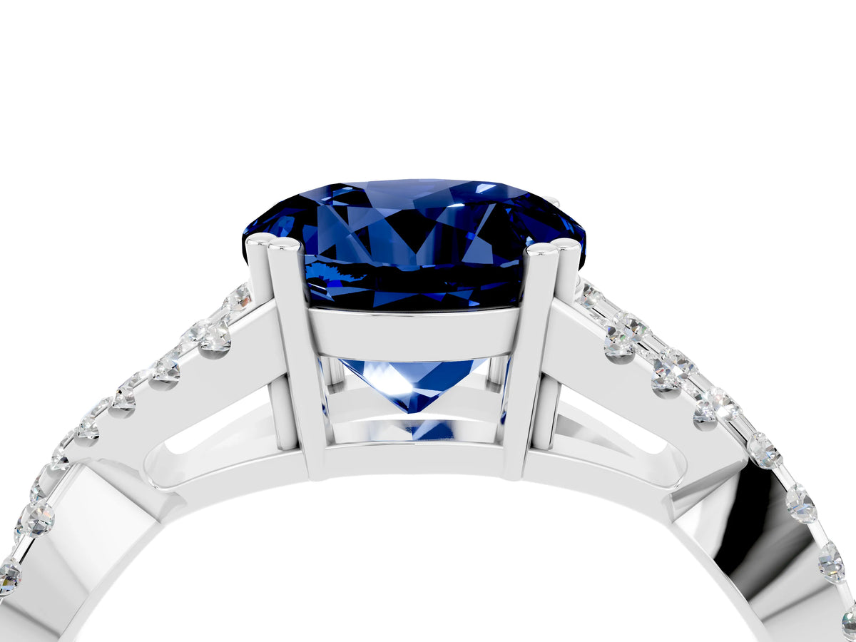Round Cut Blue Sapphire Solitaire Ring in White gold with Interwoven Pavé Band and Prong Setting_4
