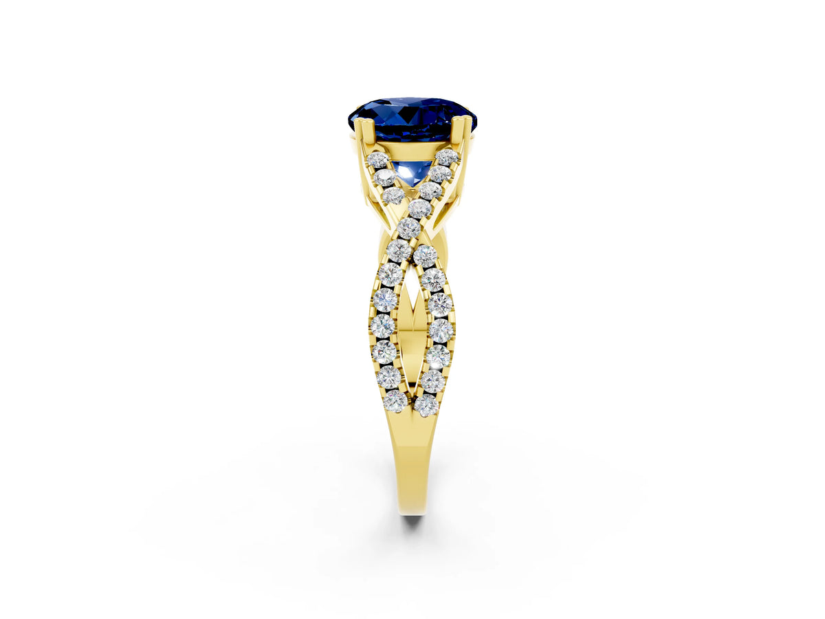 Round Cut Blue Sapphire Solitaire Ring in Yellow gold with Interwoven Pavé Band and Prong Setting_2