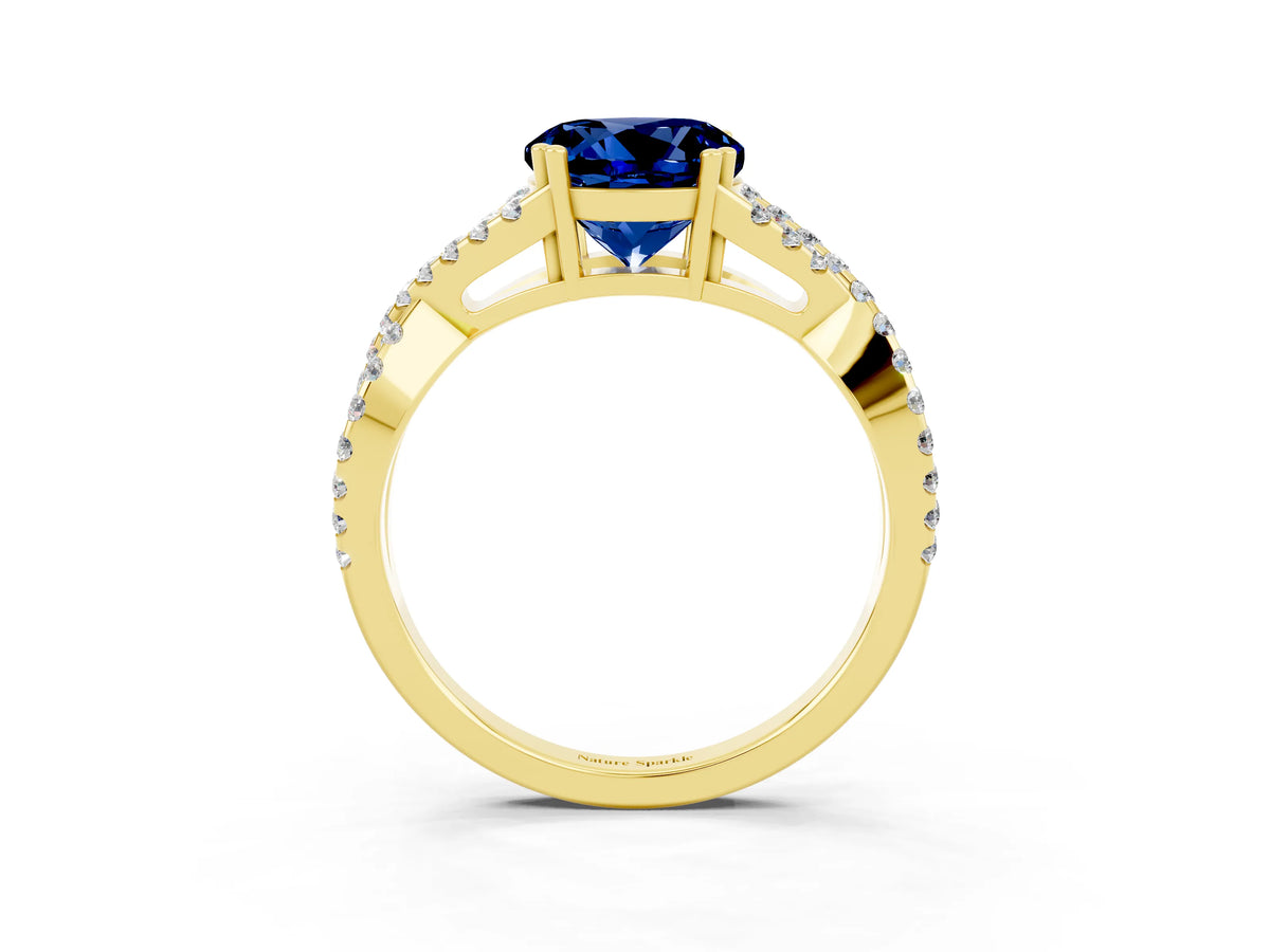 Round Cut Blue Sapphire Solitaire Ring in Yellow gold with Interwoven Pavé Band and Prong Setting_3