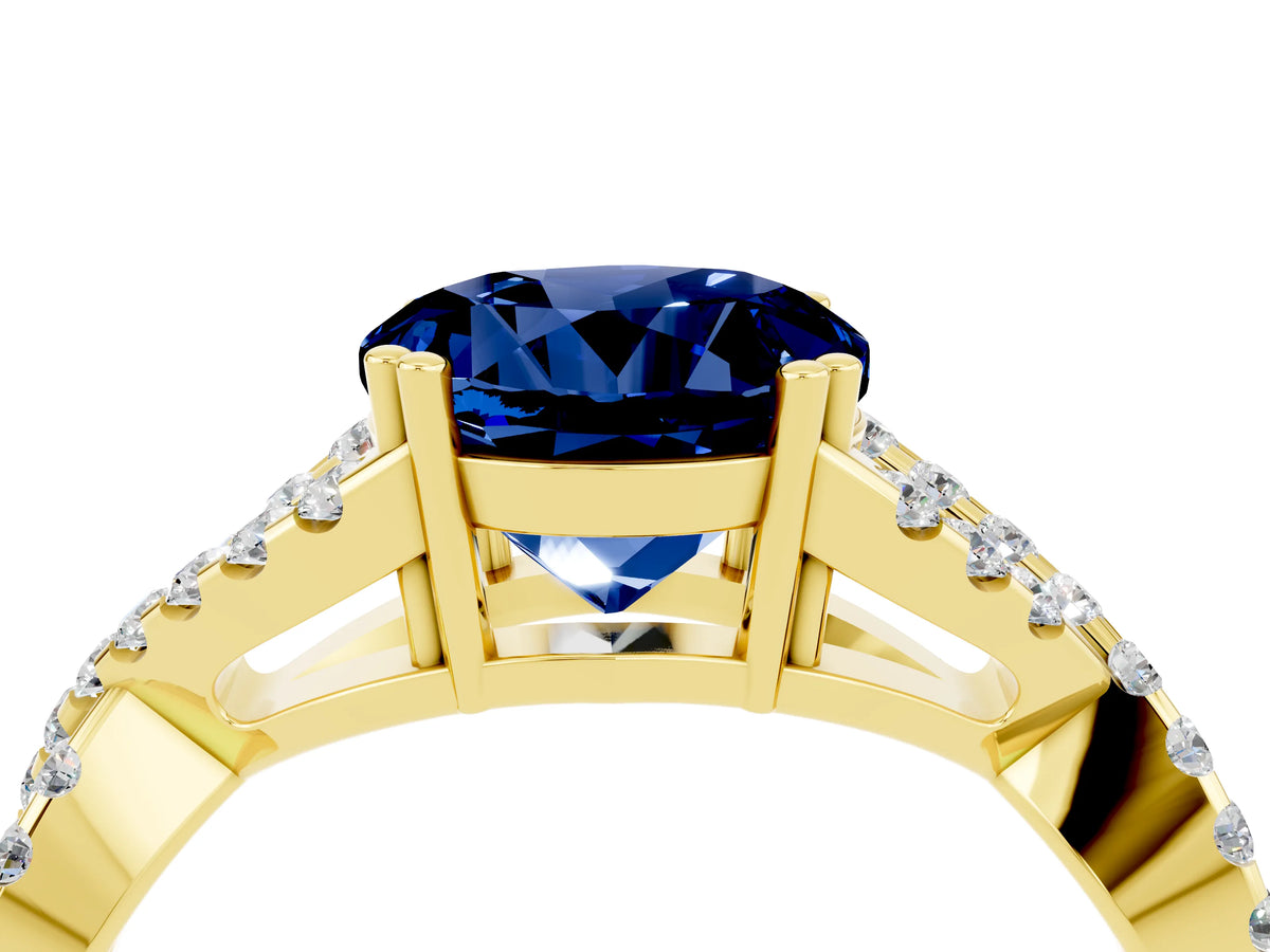 Round Cut Blue Sapphire Solitaire Ring in Yellow gold with Interwoven Pavé Band and Prong Setting_4