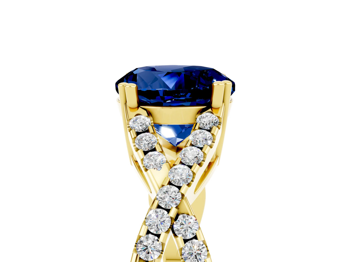 Round Cut Blue Sapphire Solitaire Ring in Yellow gold with Interwoven Pavé Band and Prong Setting_5