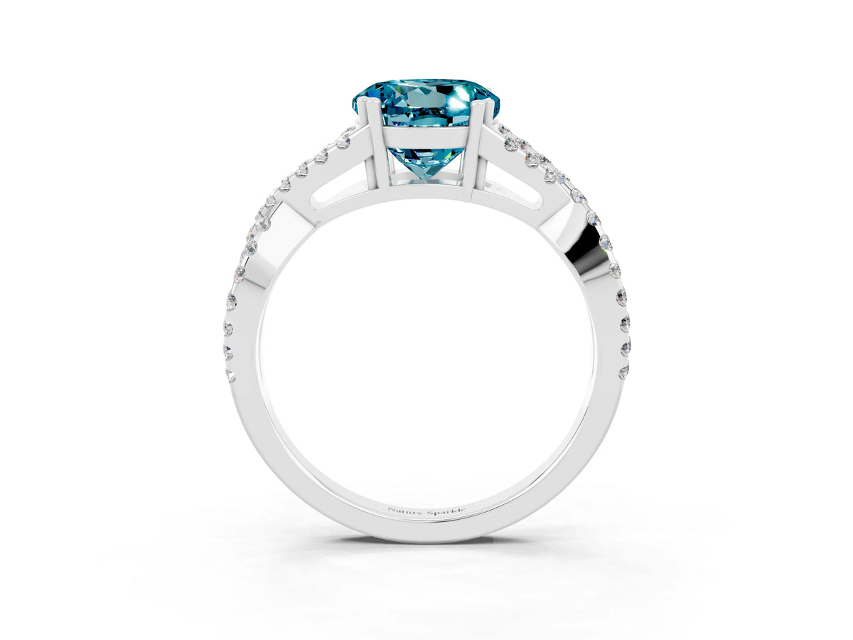 Round Cut Blue Topaz Solitaire Ring in Platinum with Interwoven Pavé Band and Prong Setting_9