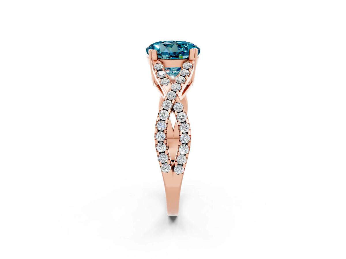 Round Cut Blue Topaz Solitaire Ring in Rose gold with Interwoven Pavé Band and Prong Setting_2