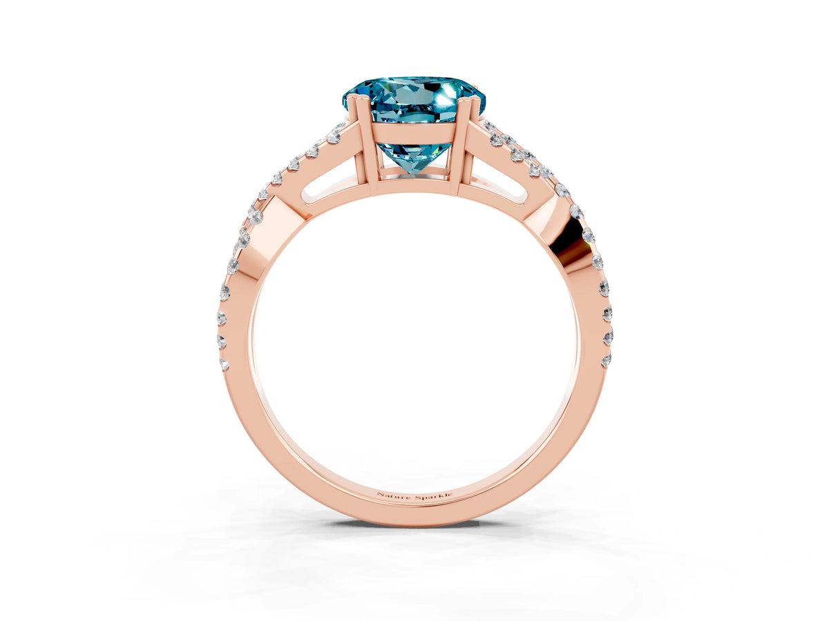 Round Cut Blue Topaz Solitaire Ring in Rose gold with Interwoven Pavé Band and Prong Setting_3
