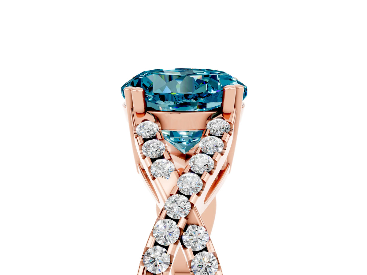 Round Cut Blue Topaz Solitaire Ring in Rose gold with Interwoven Pavé Band and Prong Setting_5