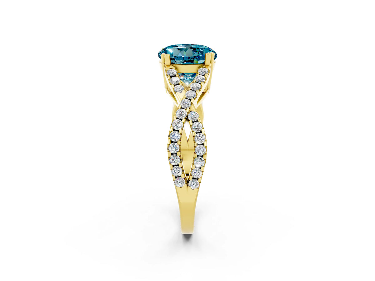 Round Cut Blue Topaz Solitaire Ring in Yellow gold with Interwoven Pavé Band and Prong Setting_2