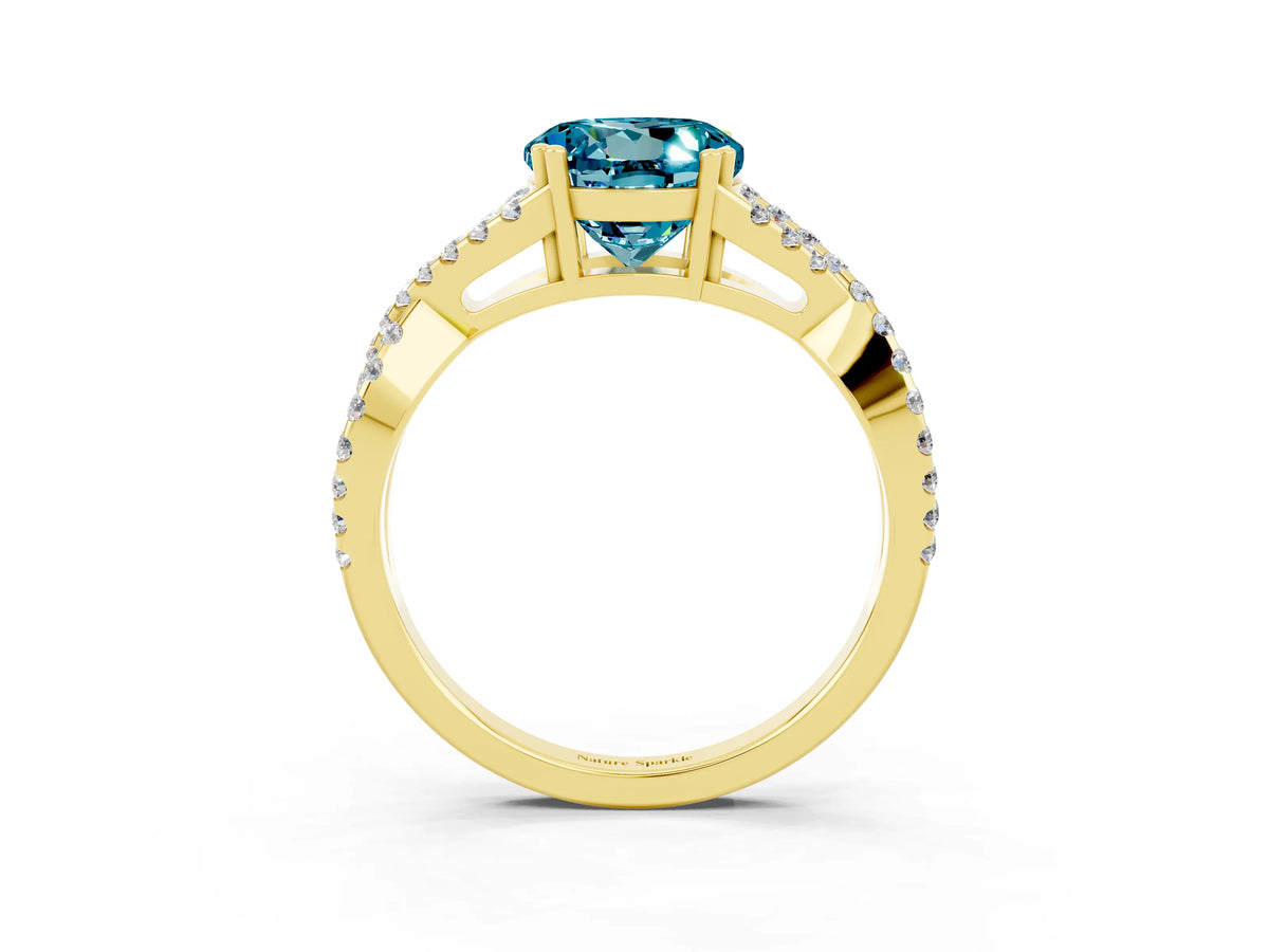 Round Cut Blue Topaz Solitaire Ring in Yellow gold with Interwoven Pavé Band and Prong Setting_3