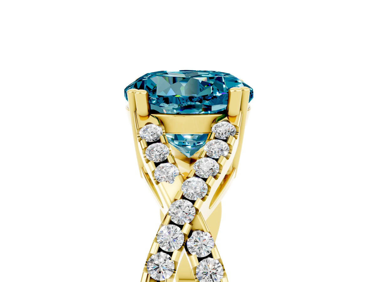 Round Cut Blue Topaz Solitaire Ring in Yellow gold with Interwoven Pavé Band and Prong Setting_5