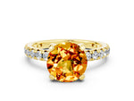 Round Cut Citrine Pavé Solitaire Ring in Yellow gold with Round Pavé Band and Prong Setting